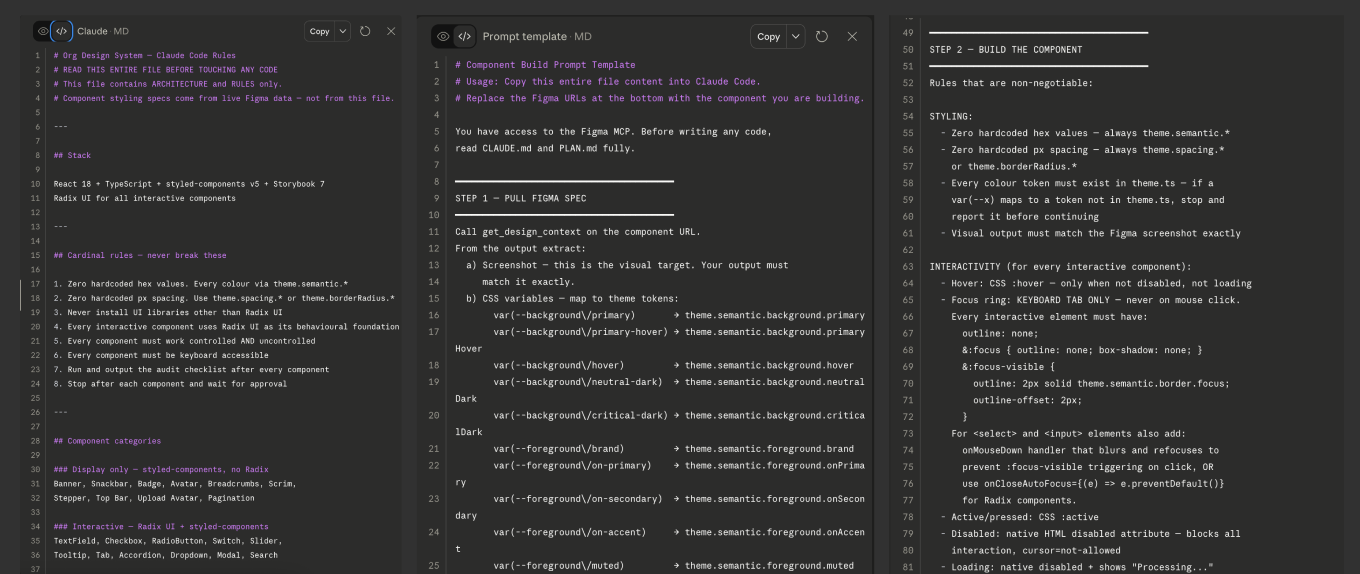 Three Claude Code sessions showing multi-step AI-assisted component and page generation